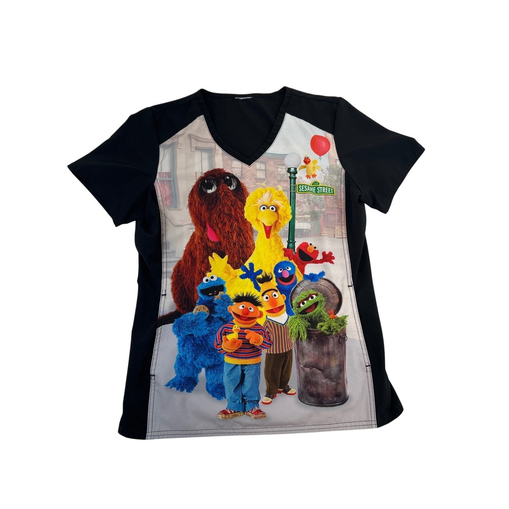 Sesame Street Scrub Top Womens S Big Bird Elmo Cookie Monster V-Neck Medical